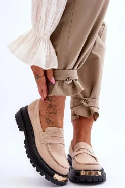 Discount Boto Klasyczne Zamszowe Mokasyny Z Ozdobą Beżowe Monaro