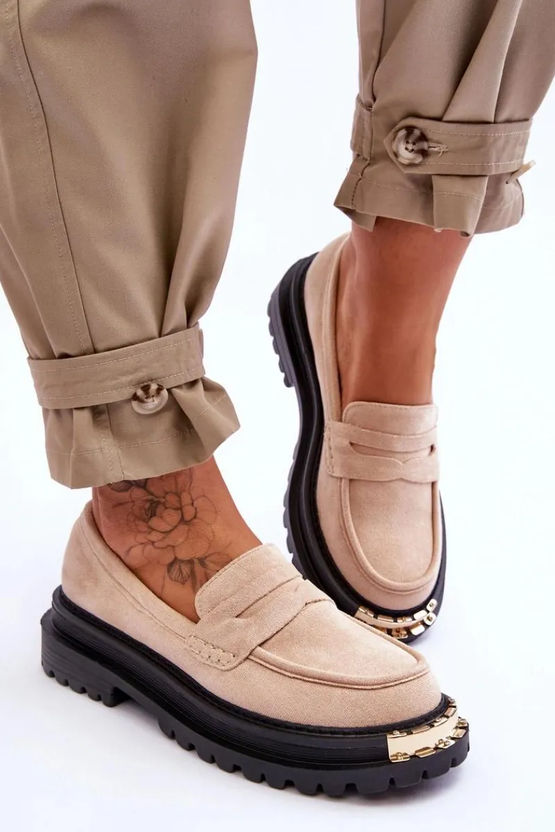 Discount Boto Klasyczne Zamszowe Mokasyny Z Ozdobą Beżowe Monaro