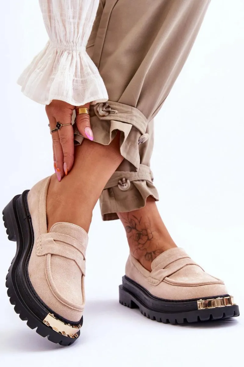 Discount Boto Klasyczne Zamszowe Mokasyny Z Ozdobą Beżowe Monaro