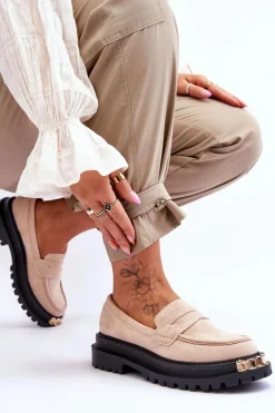 Discount Boto Klasyczne Zamszowe Mokasyny Z Ozdobą Beżowe Monaro