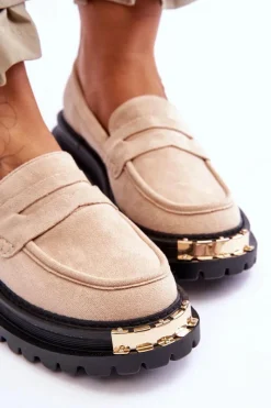 Discount Boto Klasyczne Zamszowe Mokasyny Z Ozdobą Beżowe Monaro