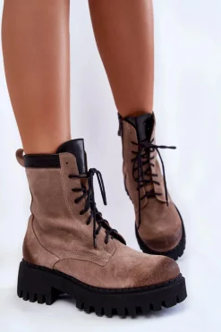 Discount Klasyczne Zamszowe Ocieplane Botki Brązowe Lemar Caima Damskie Damskie Trapery|Botki Sznurowane