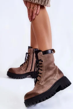 Discount Klasyczne Zamszowe Ocieplane Botki Brązowe Lemar Caima Damskie Damskie Trapery|Botki Sznurowane