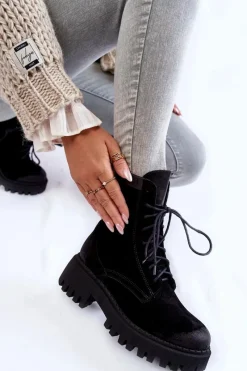 Klasyczne Zamszowe Ocieplane Botki Czarne Lemar Caima Damskie Damskie Trapery|Botki Sznurowane