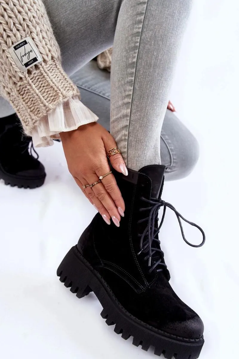 Klasyczne Zamszowe Ocieplane Botki Czarne Lemar Caima Damskie Damskie Trapery|Botki Sznurowane