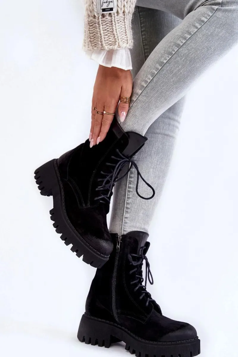 Klasyczne Zamszowe Ocieplane Botki Czarne Lemar Caima Damskie Damskie Trapery|Botki Sznurowane