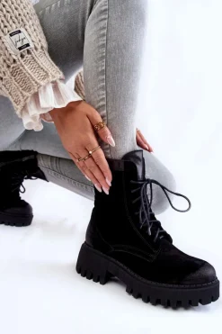 Klasyczne Zamszowe Ocieplane Botki Czarne Lemar Caima Damskie Damskie Trapery|Botki Sznurowane