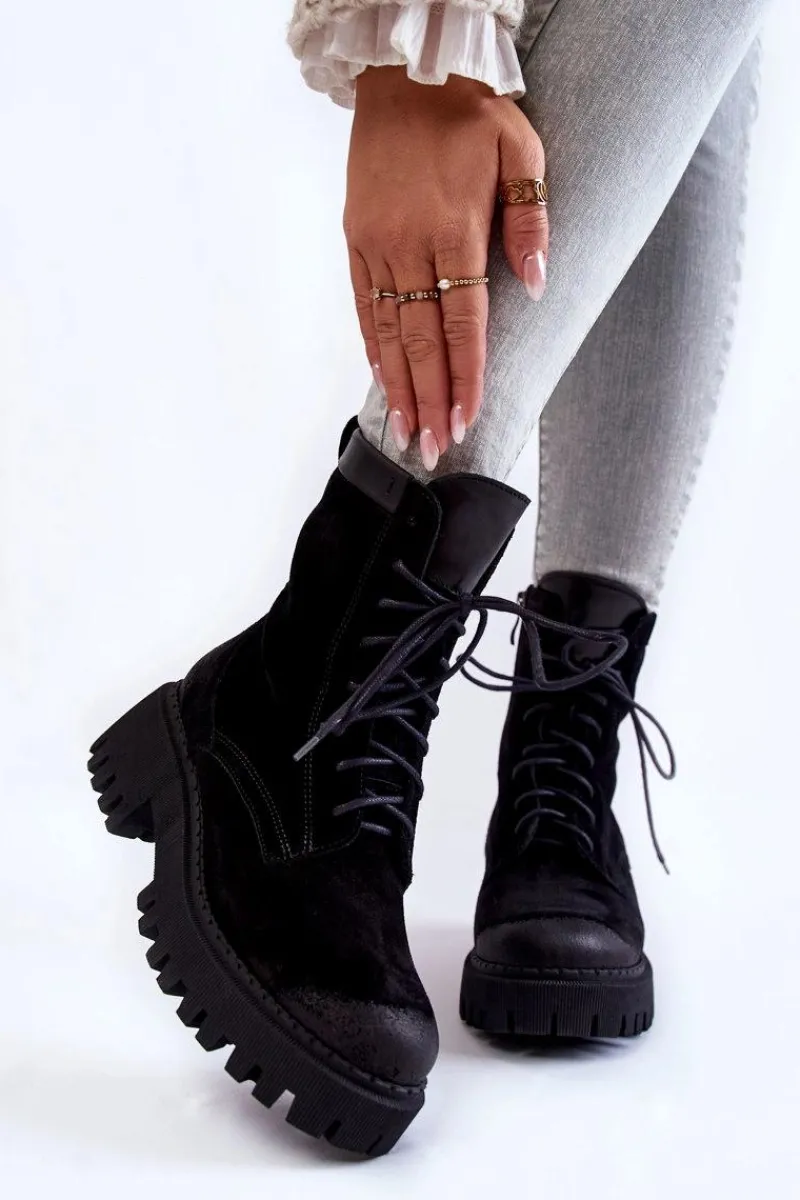 Klasyczne Zamszowe Ocieplane Botki Czarne Lemar Caima Damskie Damskie Trapery|Botki Sznurowane