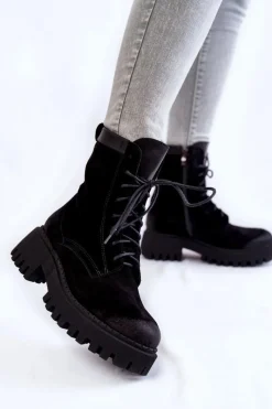 Klasyczne Zamszowe Ocieplane Botki Czarne Lemar Caima Damskie Damskie Trapery|Botki Sznurowane