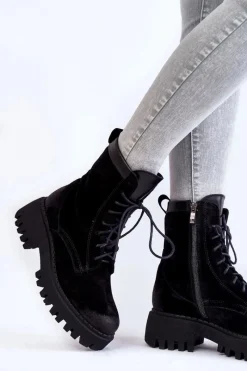 Klasyczne Zamszowe Ocieplane Botki Czarne Lemar Caima Damskie Damskie Trapery|Botki Sznurowane