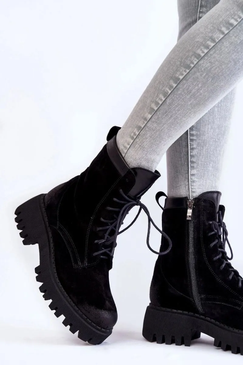 Klasyczne Zamszowe Ocieplane Botki Czarne Lemar Caima Damskie Damskie Trapery|Botki Sznurowane