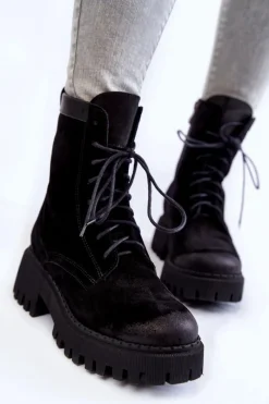 Klasyczne Zamszowe Ocieplane Botki Czarne Lemar Caima Damskie Damskie Trapery|Botki Sznurowane