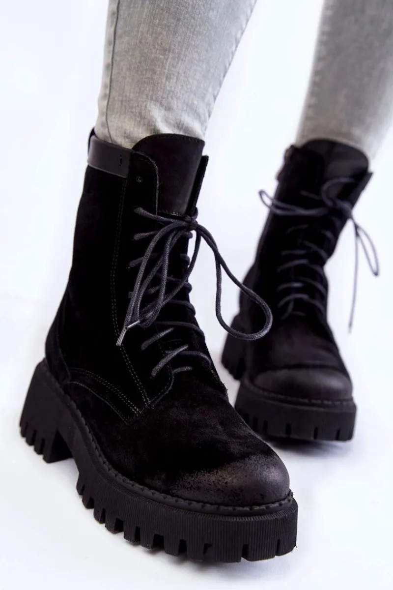 Klasyczne Zamszowe Ocieplane Botki Czarne Lemar Caima Damskie Damskie Trapery|Botki Sznurowane
