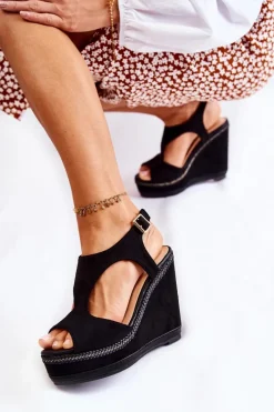 Sandały Na Koturnie>Boto Klasyczne Zamszowe Sandały Na Koturnie Czarne Lysette