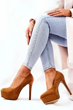 Outlet Klasyczne Zamszowe Szpilki Na Platformie Camel Silly Damskie Czółenka Na Platformie|Czółenka Zamszowe