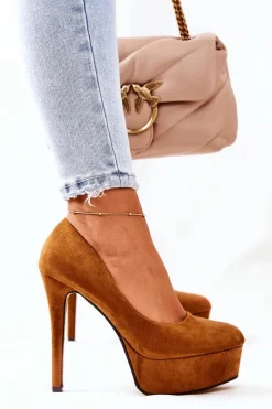 Outlet Klasyczne Zamszowe Szpilki Na Platformie Camel Silly Damskie Czółenka Na Platformie|Czółenka Zamszowe