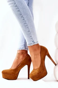 Outlet Klasyczne Zamszowe Szpilki Na Platformie Camel Silly Damskie Czółenka Na Platformie|Czółenka Zamszowe