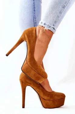 Outlet Klasyczne Zamszowe Szpilki Na Platformie Camel Silly Damskie Czółenka Na Platformie|Czółenka Zamszowe