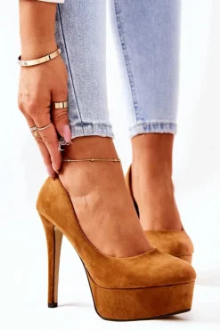 Outlet Klasyczne Zamszowe Szpilki Na Platformie Camel Silly Damskie Czółenka Na Platformie|Czółenka Zamszowe