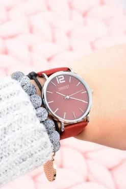 Online Ernest Klasyczny Skórzany Bordowy Damski Zegarek