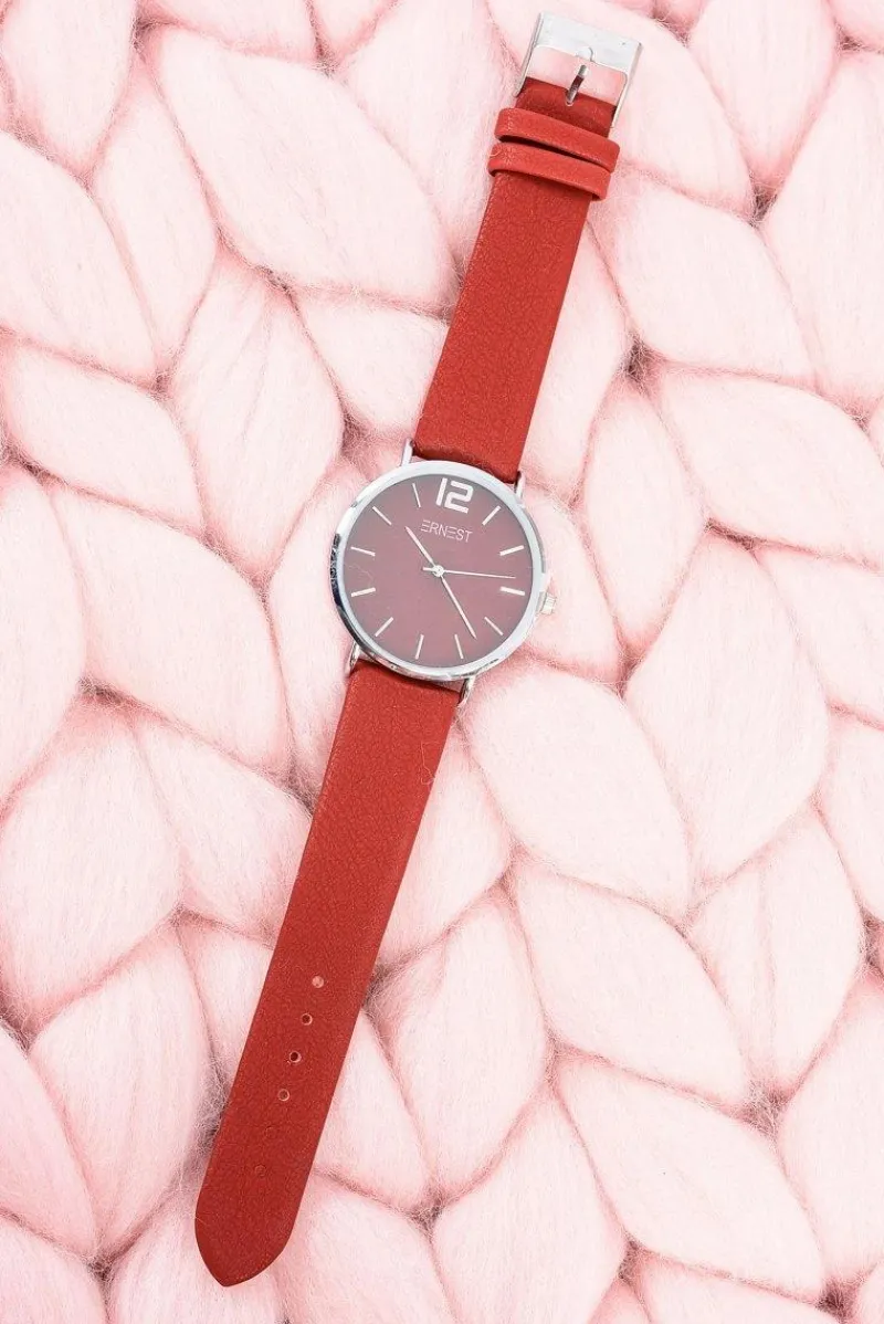 Online Ernest Klasyczny Skórzany Bordowy Damski Zegarek
