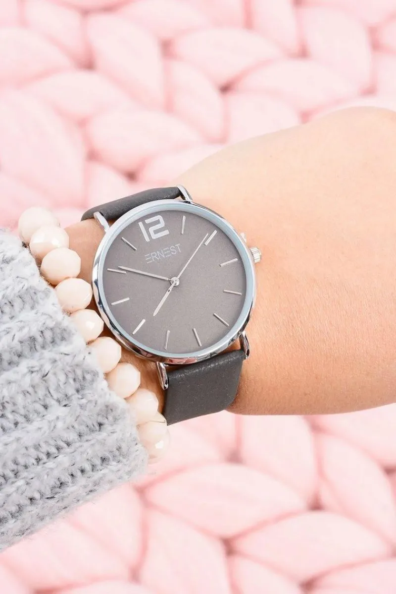 Clearance Ernest Klasyczny Skórzany Ciemnoszary Damski Zegarek