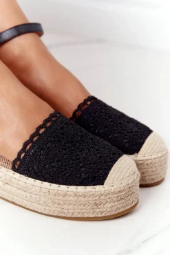 Czarne Espadryle>Boto Koronkowe Espadryle Na Plecionej Platformie Czarne Larisa