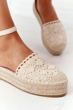 Best Koronkowe Espadryle Na Plecionej Platformie Beżowe Larisa Damskie Czarne Espadryle