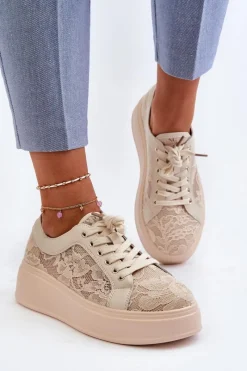 Discount Damskie buty S.Barski Koronkowe Sneakersy Damskie Na Platformie S.Barski HY51-059 Beżowe