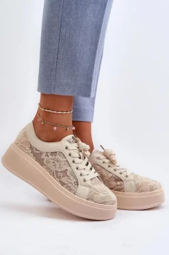 Discount Damskie buty S.Barski Koronkowe Sneakersy Damskie Na Platformie S.Barski HY51-059 Beżowe