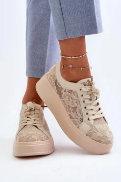 Discount Damskie buty S.Barski Koronkowe Sneakersy Damskie Na Platformie S.Barski HY51-059 Beżowe