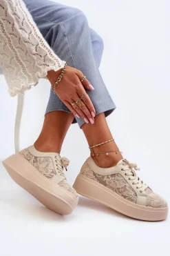 Discount Damskie buty S.Barski Koronkowe Sneakersy Damskie Na Platformie S.Barski HY51-059 Beżowe