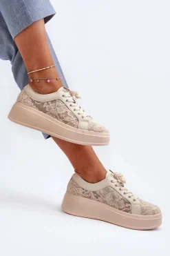 Discount Damskie buty S.Barski Koronkowe Sneakersy Damskie Na Platformie S.Barski HY51-059 Beżowe