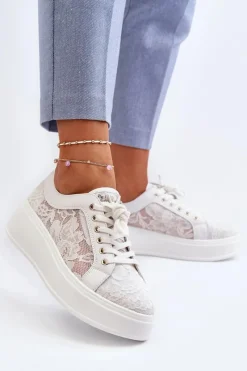 Sneakersy Damskie>Damskie buty S.Barski Koronkowe Sneakersy Damskie Na Platformie S.Barski HY51-059 Białe
