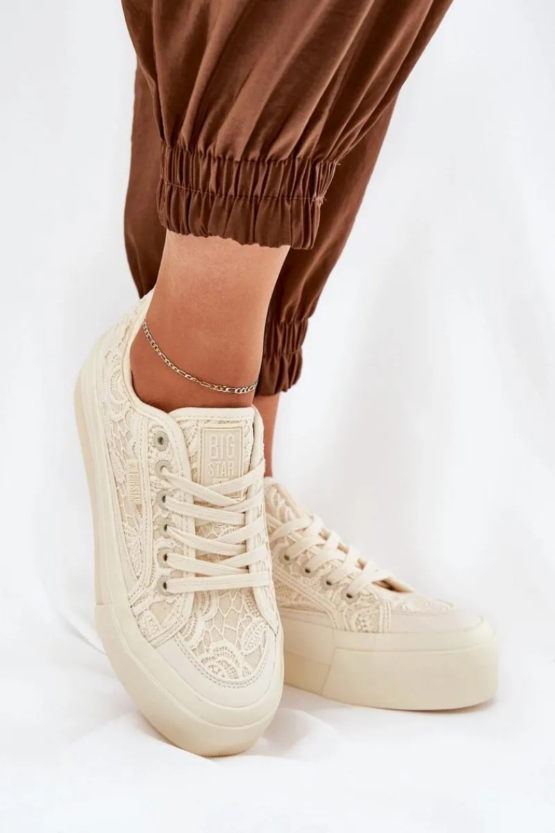 Trampki Damskie Niskie>Big Star Shoes Koronkowe Trampki Damskie Big Star RR274746 Beżowe Beżowy