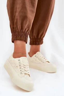 Trampki Damskie Niskie>Big Star Shoes Koronkowe Trampki Damskie Big Star RR274746 Beżowe Beżowy