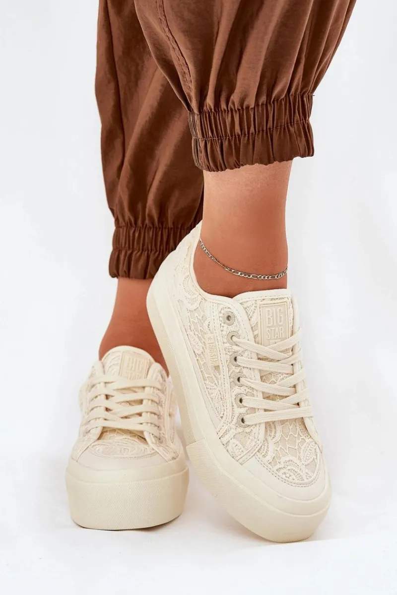 Trampki Damskie Niskie>Big Star Shoes Koronkowe Trampki Damskie Big Star RR274746 Beżowe Beżowy