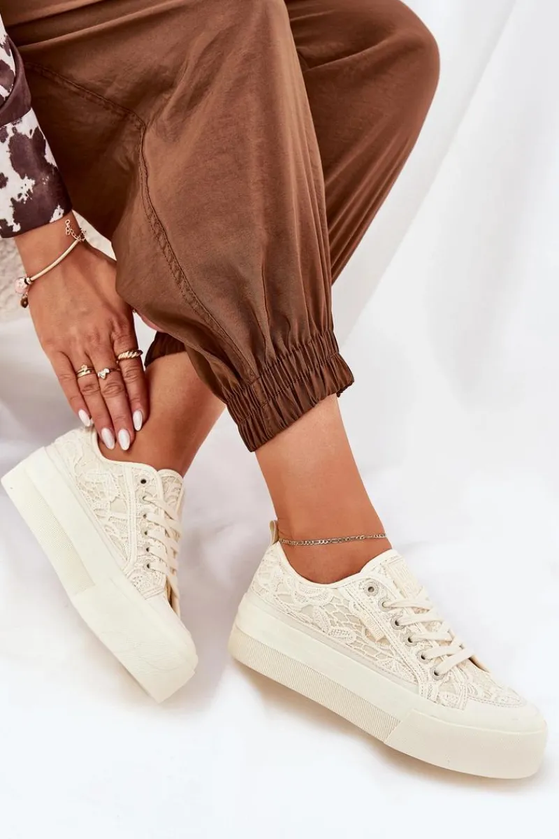 Trampki Damskie Niskie>Big Star Shoes Koronkowe Trampki Damskie Big Star RR274746 Beżowe Beżowy