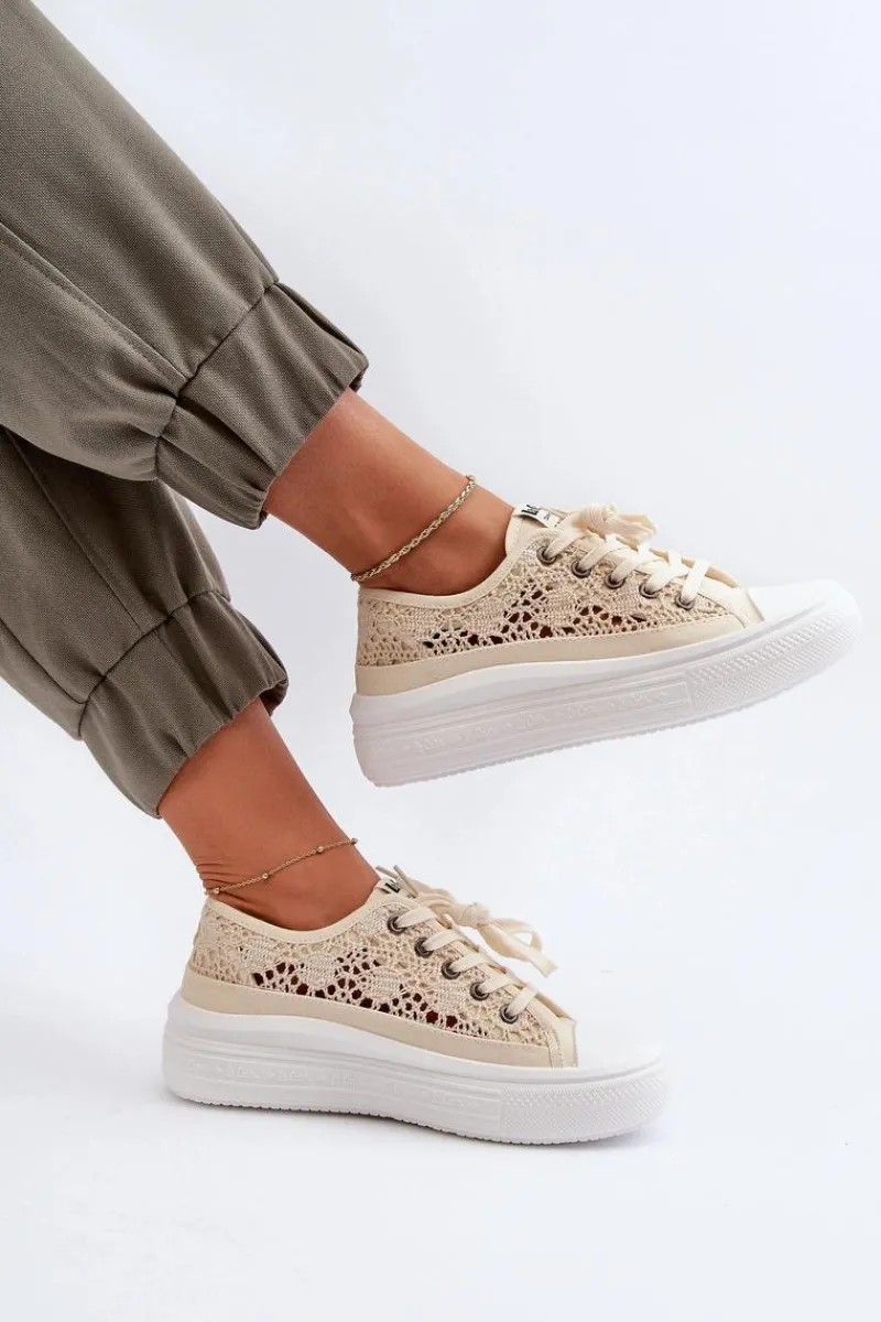 Trampki Damskie Niskie>Lee Cooper Koronkowe Trampki Damskie LCW-23-44-1620 Beżowe Beżowy
