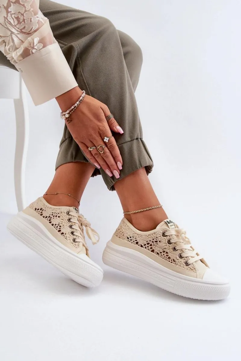 Trampki Damskie Niskie>Lee Cooper Koronkowe Trampki Damskie LCW-23-44-1620 Beżowe Beżowy