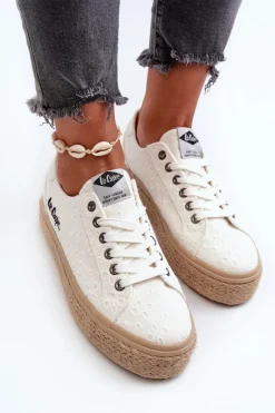Hot Lee Cooper Koronkowe Trampki Damskie Z Plecionką LCW-24-44-2425 Białe