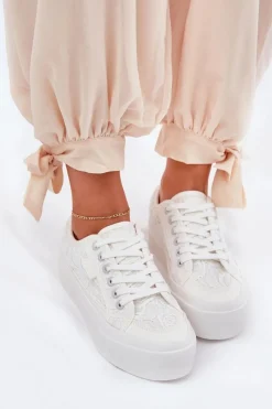 Hot Big Star Shoes Koronkowe Trampki Damskie Big Star RR274747 Białe Biały