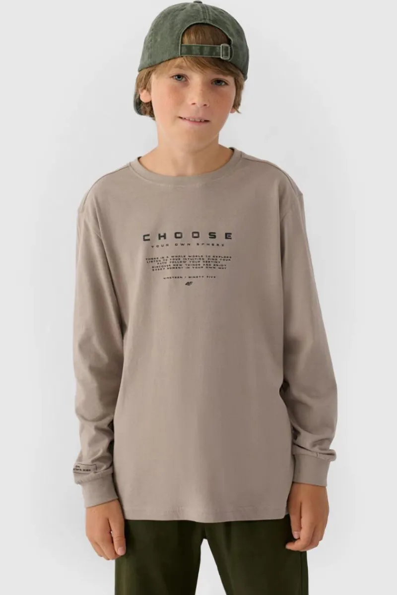 T-Shirty Dziecięce|Odzież 4F>4F Koszulka Z Długim Rękawem Dla Chłopca Z Nadrukiem Regular JWAW24TLONM294-26S Szara Szary