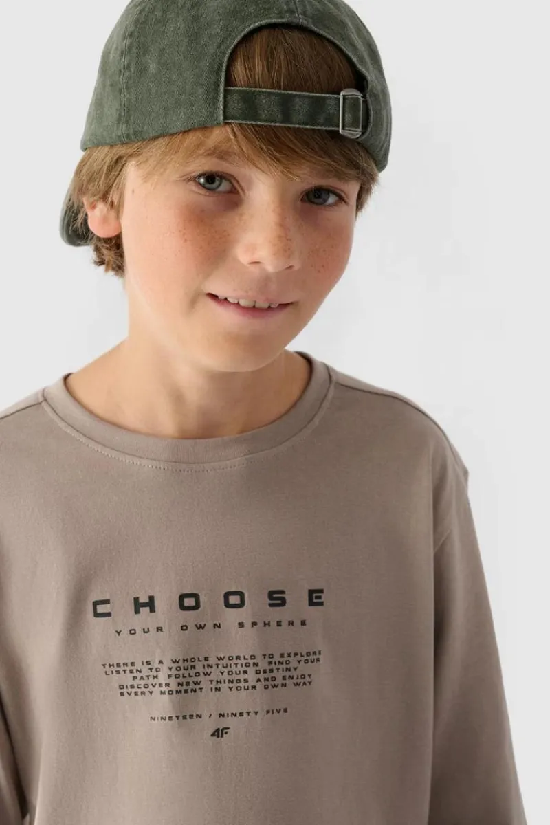 T-Shirty Dziecięce|Odzież 4F>4F Koszulka Z Długim Rękawem Dla Chłopca Z Nadrukiem Regular JWAW24TLONM294-26S Szara Szary