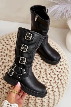 Dziewczęce>Boto Kozaki Botki Dziewczęce Z Klamrami Eko Skórzane Czarne Rinetha