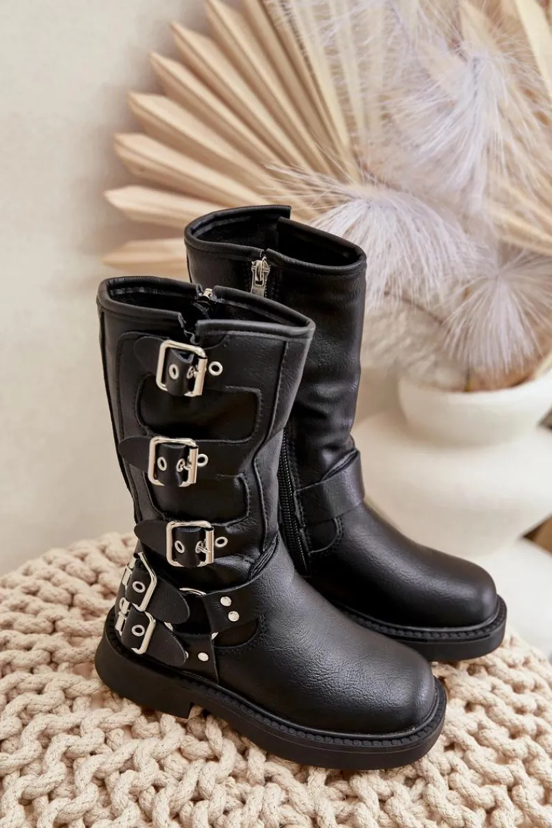 Dziewczęce>Boto Kozaki Botki Dziewczęce Z Klamrami Eko Skórzane Czarne Rinetha