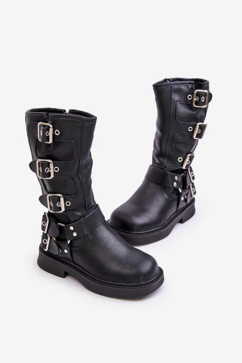 Dziewczęce>Boto Kozaki Botki Dziewczęce Z Klamrami Eko Skórzane Czarne Rinetha