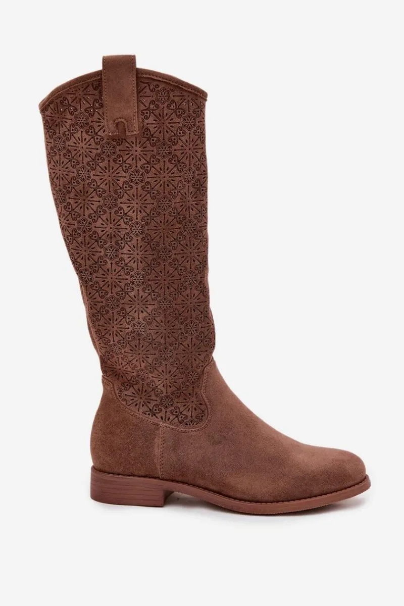 Outlet Damskie buty S.Barski Kozaki Damskie Ażurowe Na Płaskim Obcasie S.Barski HY52-534 Brązowe Brązowy