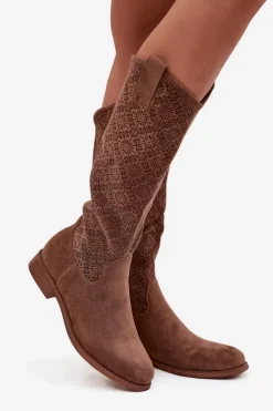 Outlet Damskie buty S.Barski Kozaki Damskie Ażurowe Na Płaskim Obcasie S.Barski HY52-534 Brązowe Brązowy