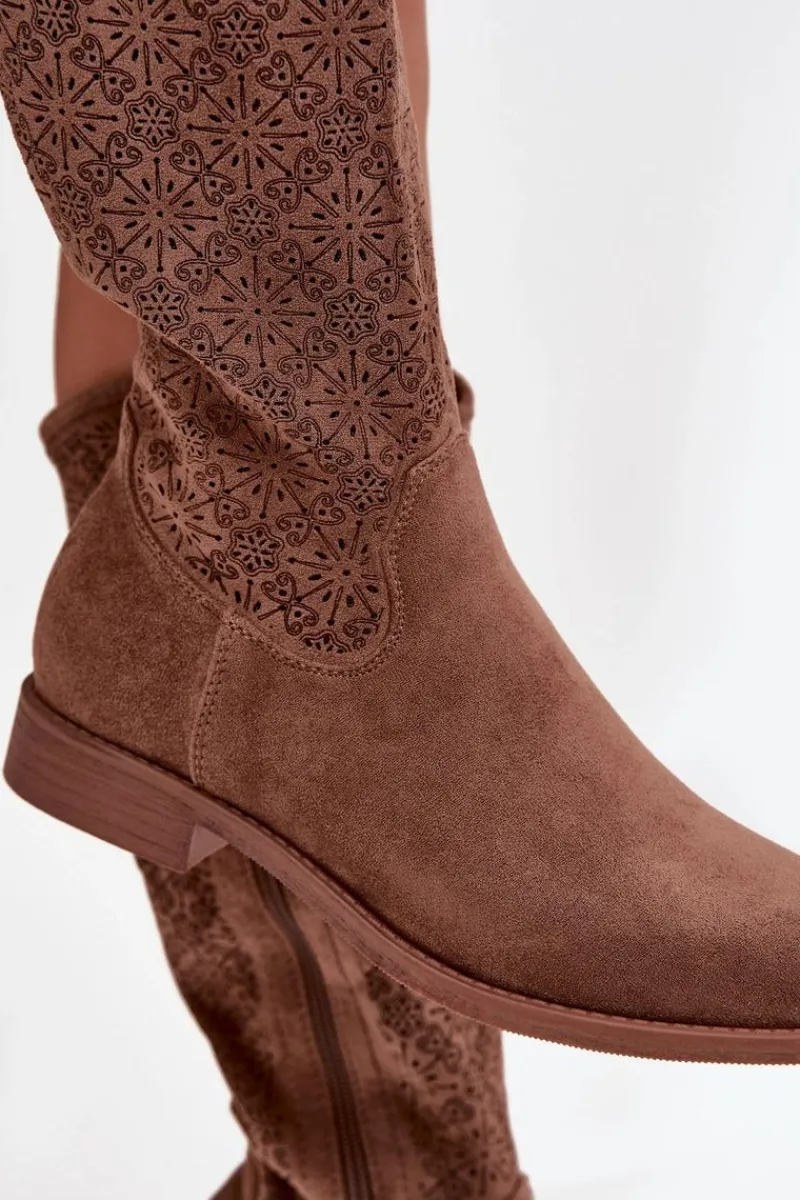 Outlet Damskie buty S.Barski Kozaki Damskie Ażurowe Na Płaskim Obcasie S.Barski HY52-534 Brązowe Brązowy